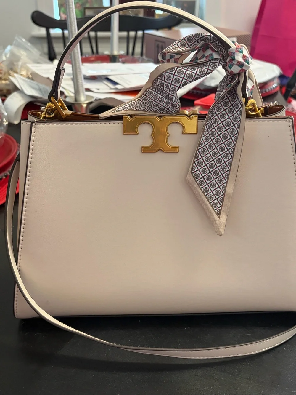 Tory Burch $700 Cream Eleanor Spazoletto Satchel with Gold Logo and Ribbon